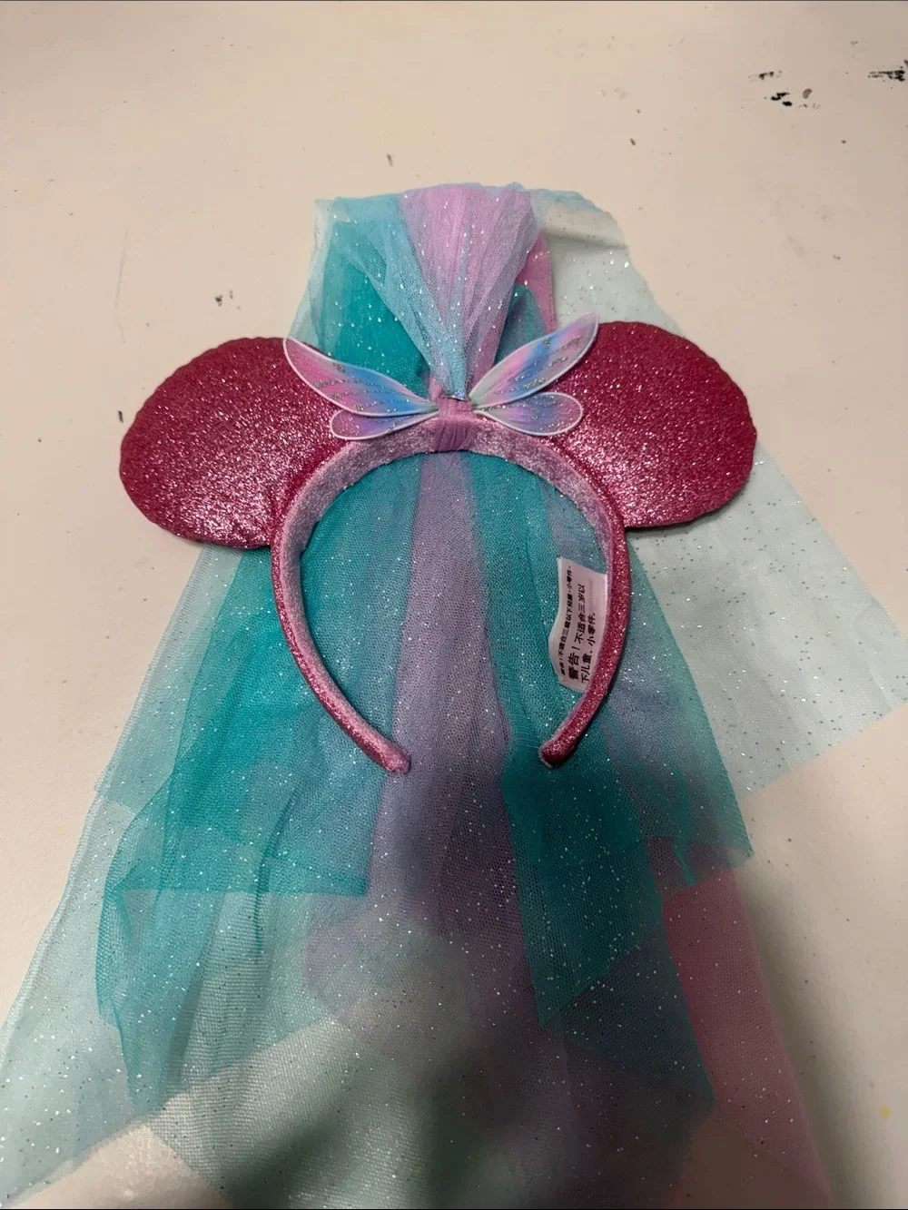 Disney Glitter Pink Mouse Ear Headband with Pastel Tulle Veil